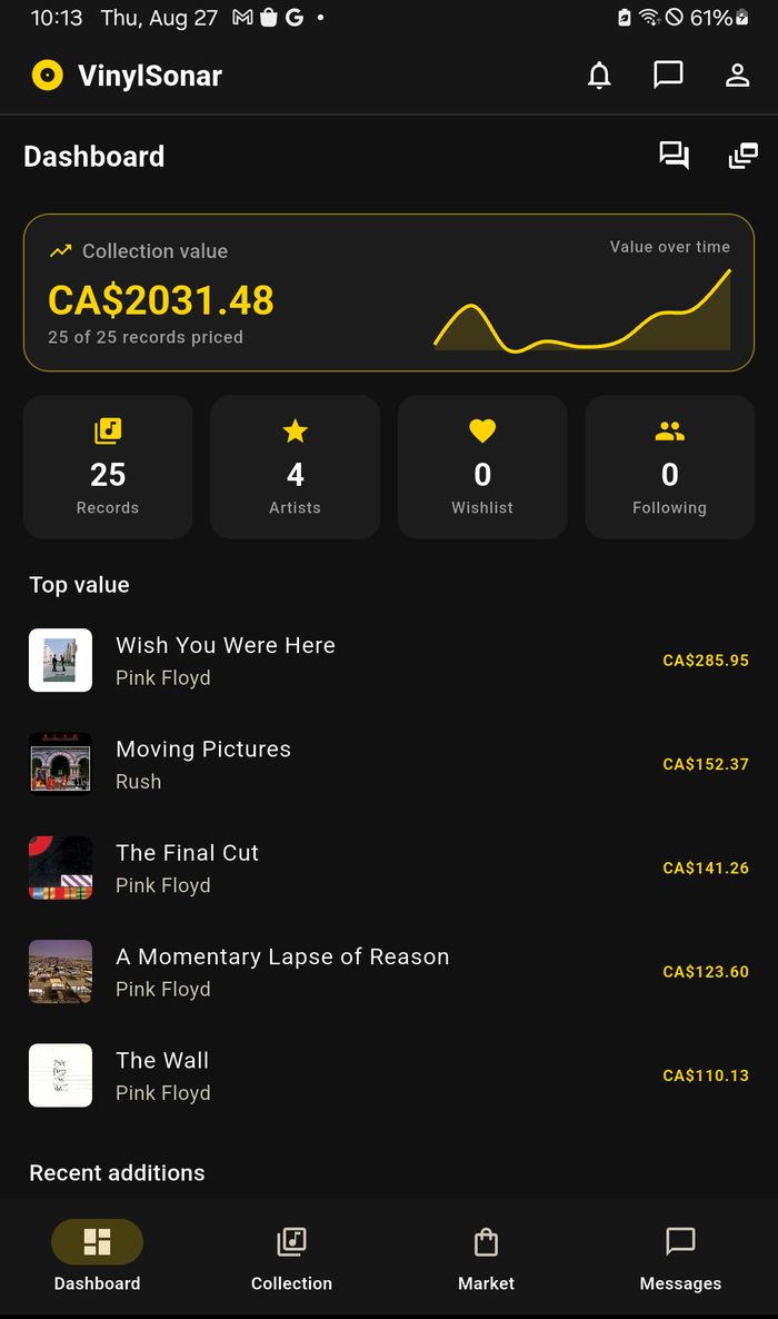 The VinylSonar dashboard showing a collection valued at CA$2031.48, a value-over-time chart, and the highest-value records in the collection.