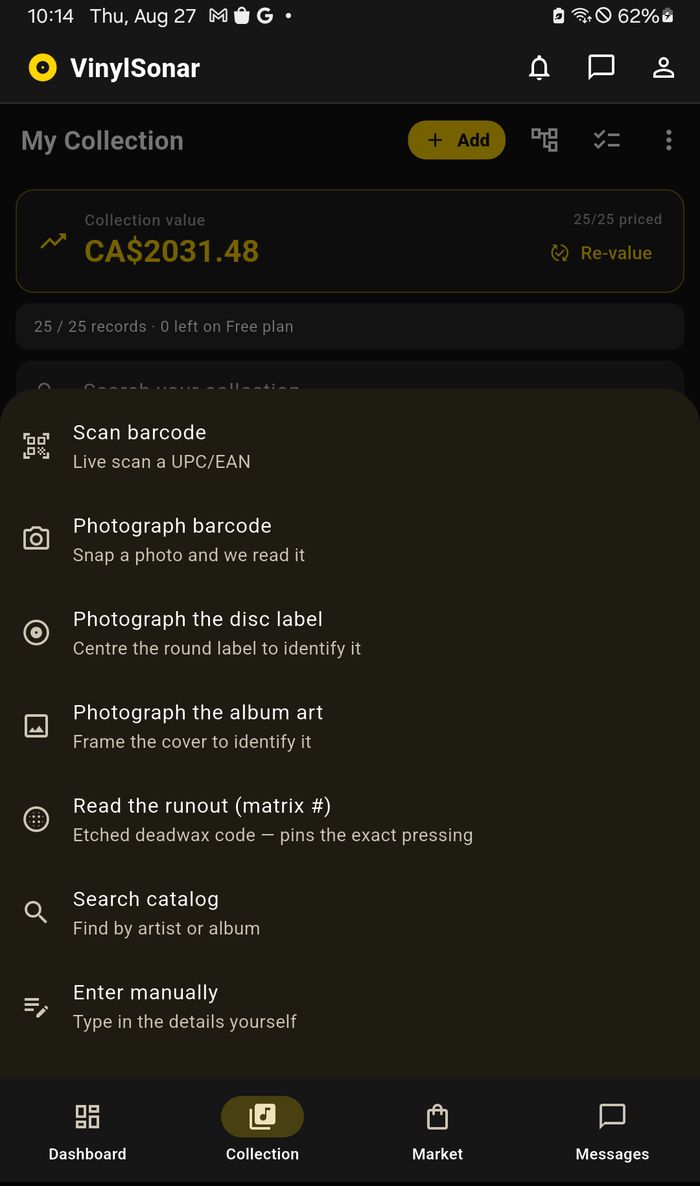 VinylSonar's add-a-record menu: scan barcode, photograph barcode, photograph the disc label, photograph the album art, read the runout matrix, search catalogue, or enter manually.
