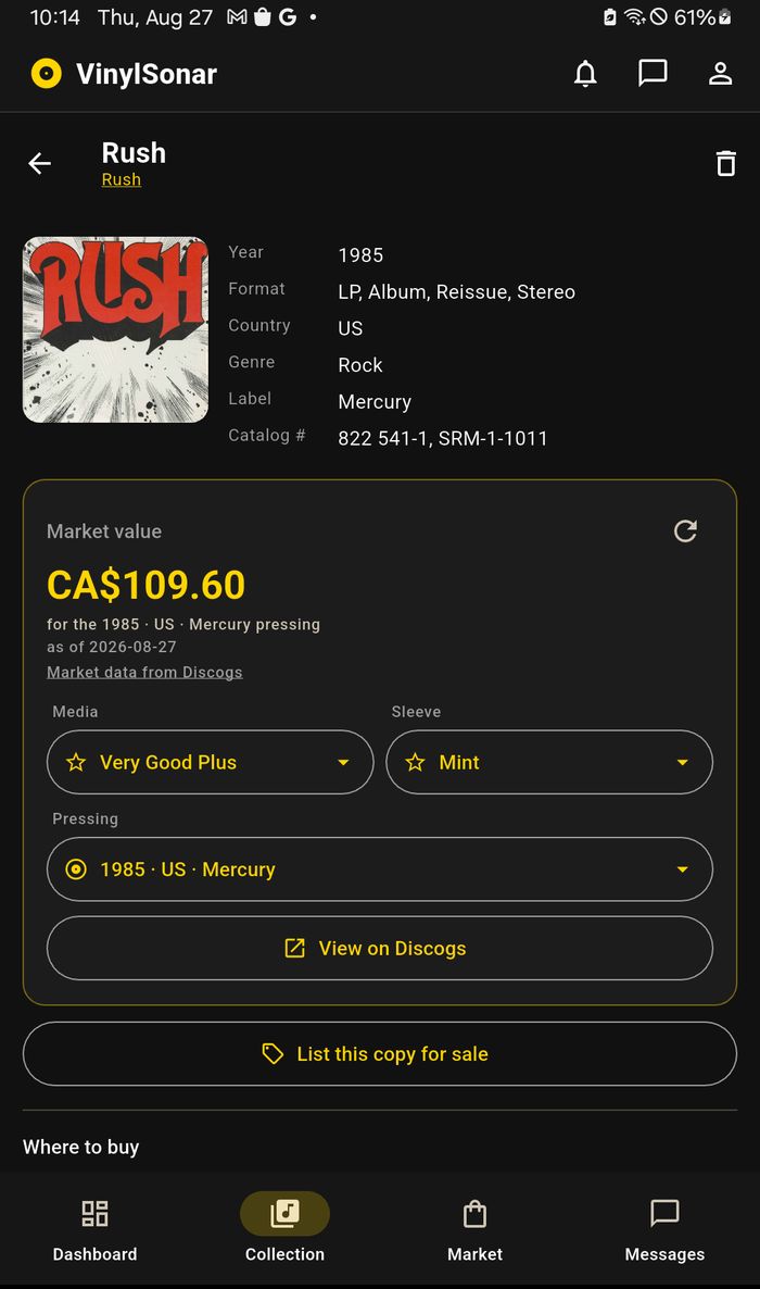 A Rush LP in VinylSonar showing a market value of CA$109.60 for the 1985 US Mercury pressing, with separate media and sleeve condition selectors.
