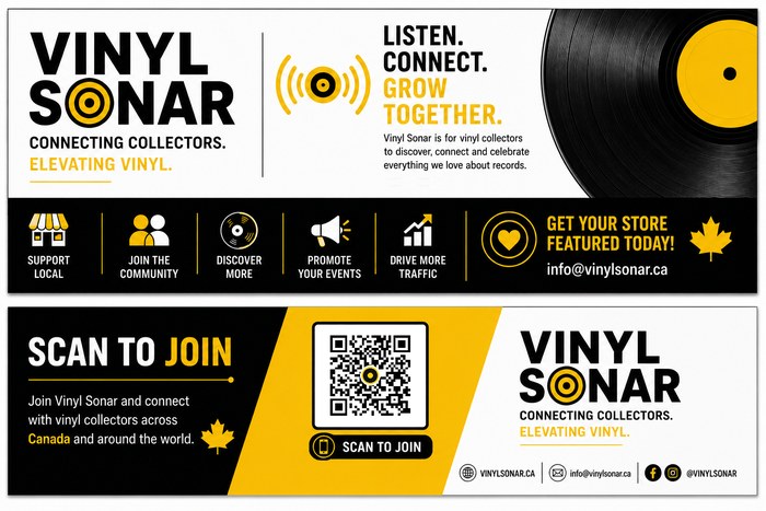VinylSonar counter card, landscape, with a scannable QR code